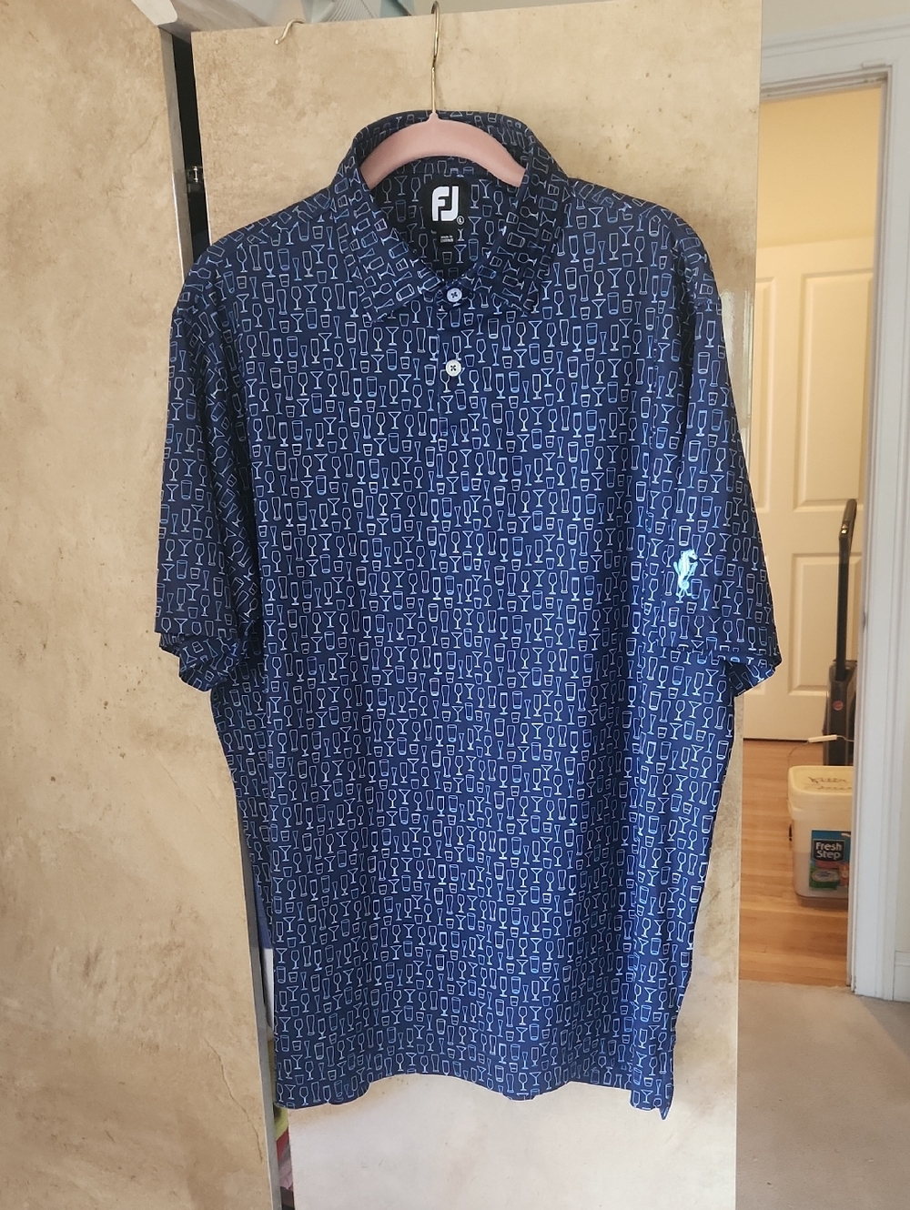 SALE!Men's-FootJoy Brand-Navy (LOGO) Polo with Light Blue cocktail glasses print